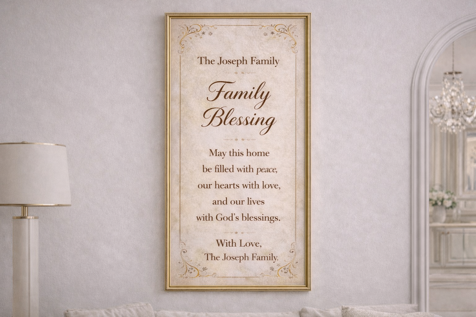 Framed family blessing plaque on a wall in a home setting
