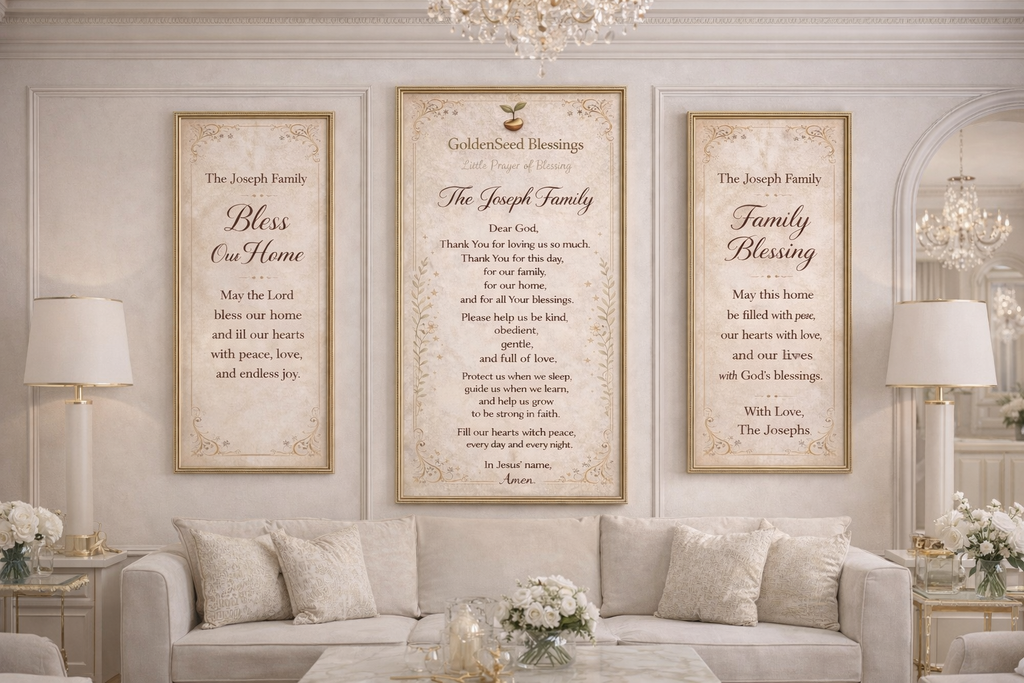 Living room with framed family blessings on a wall above a sofa.