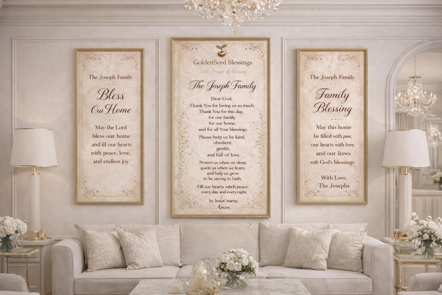 Living room with framed family blessings on a wall above a sofa.