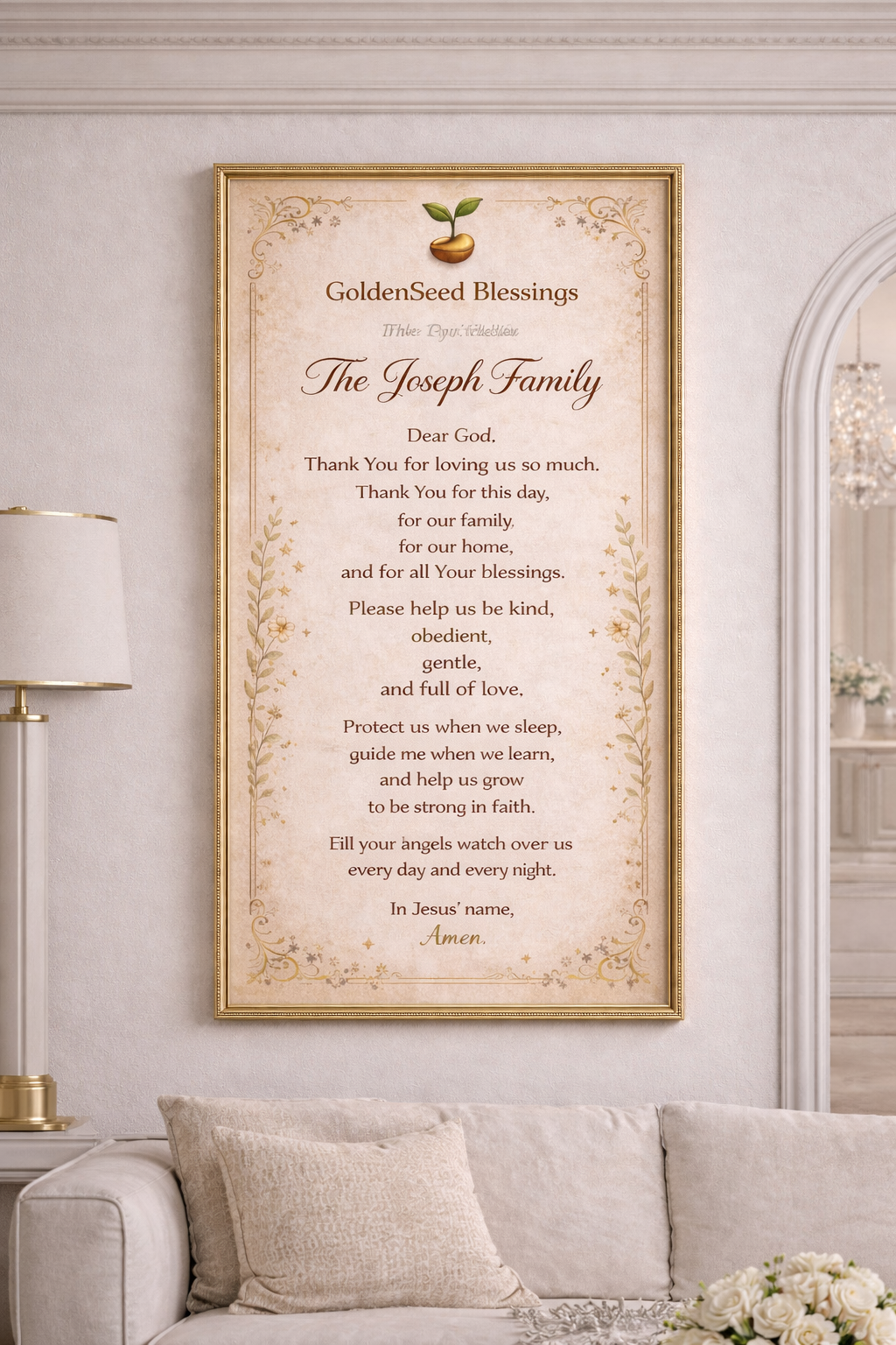 Framed family blessing prayer on a wall above a sofa.