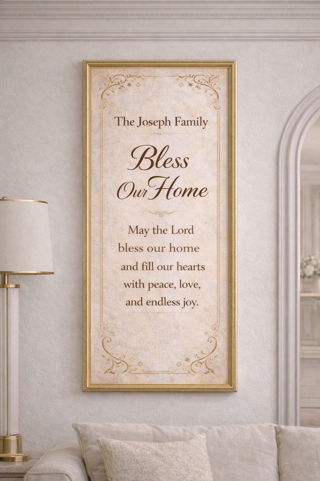 Framed family blessing plaque on a wall in a living room setting.
