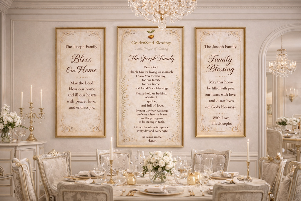 Dining room with framed family blessing signs on the wall