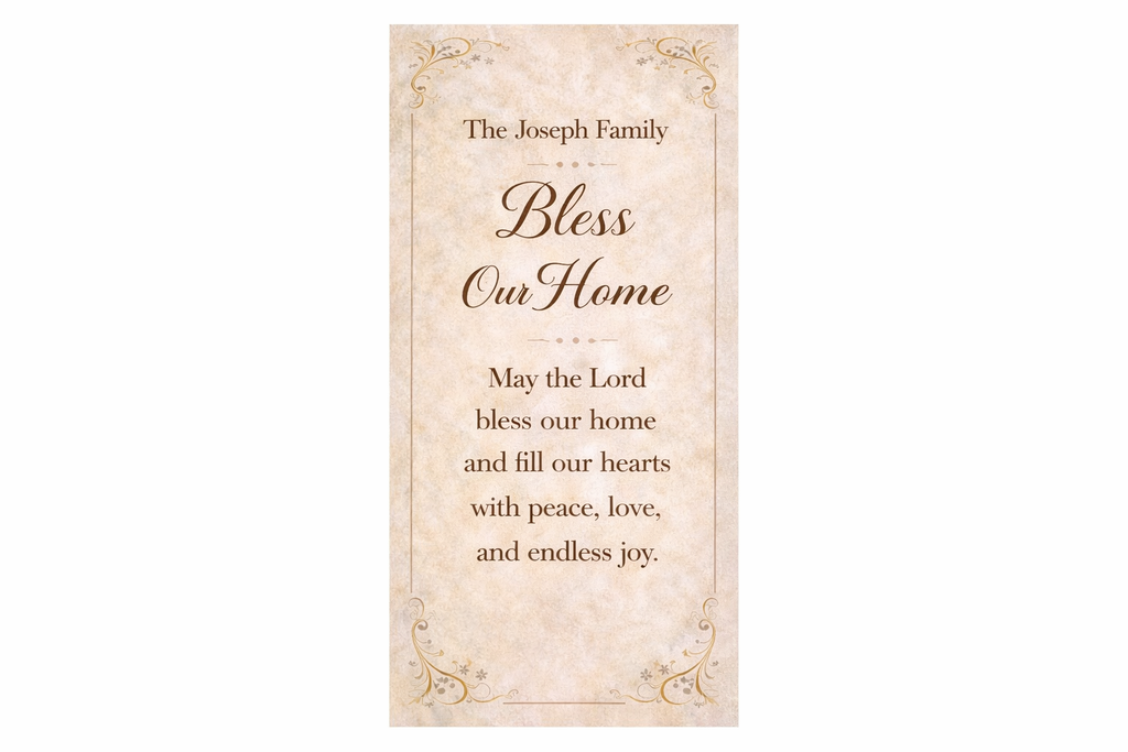 Decorative sign with 'Bless Our Home' text and family name on a white background.