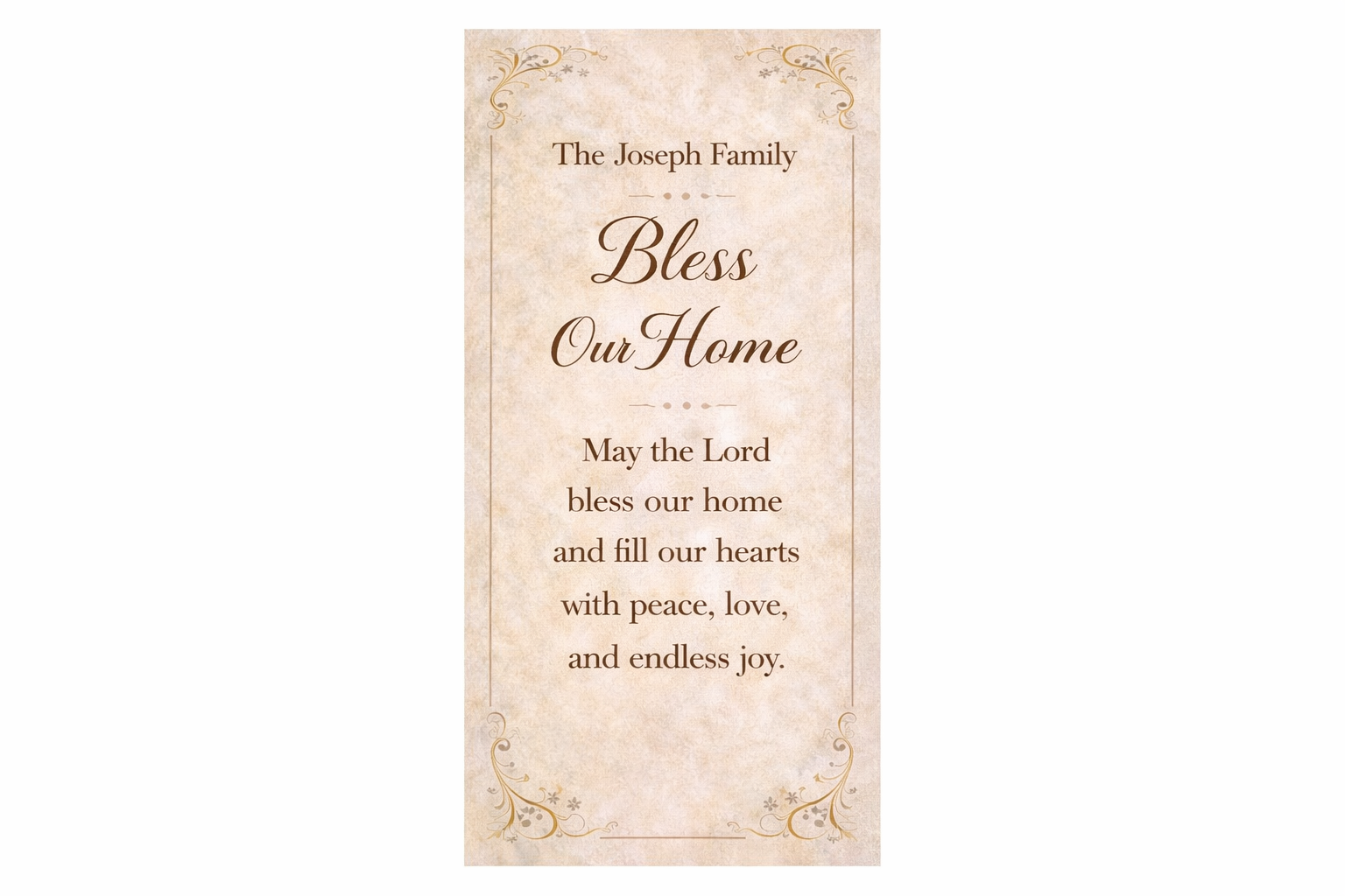Decorative sign with 'Bless Our Home' text and family name on a white background.